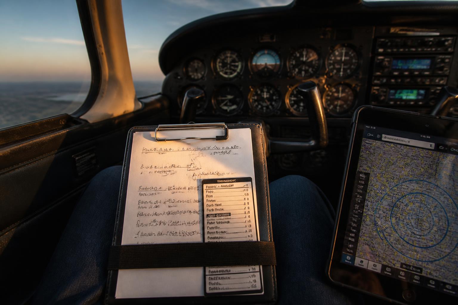 Student pilot's lap with kneeboard, checklist, and iPad EFB in a trainer cockpit at sunset