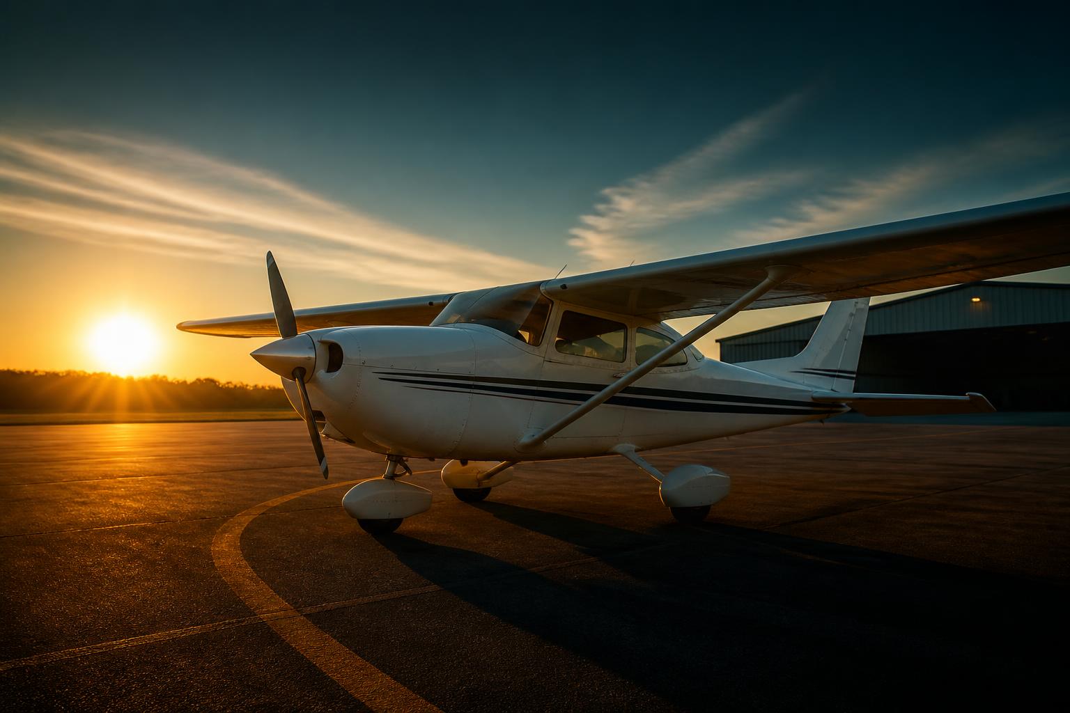 Civilian single-engine trainer aircraft at sunrise on flight school ramp